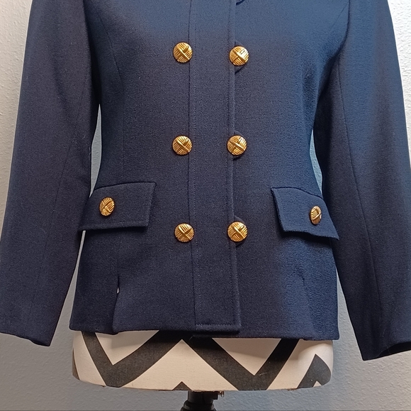 Vintage Navy Blue Military Chic 100% Wool Double Breasted Structured Jacket - Picture 5 of 15